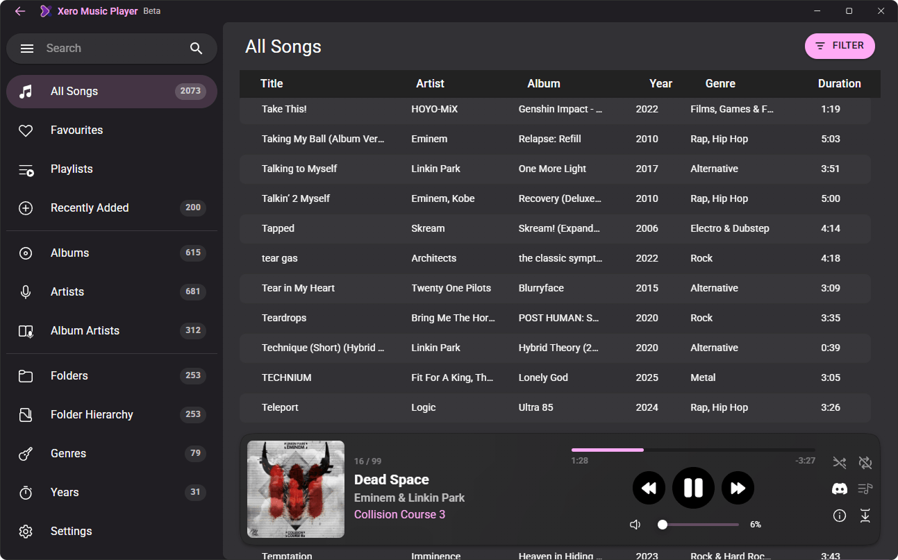 XeroTunes showing the All Songs library with 2073 tracks while playing Dead Space by Eminem & Linkin Park
