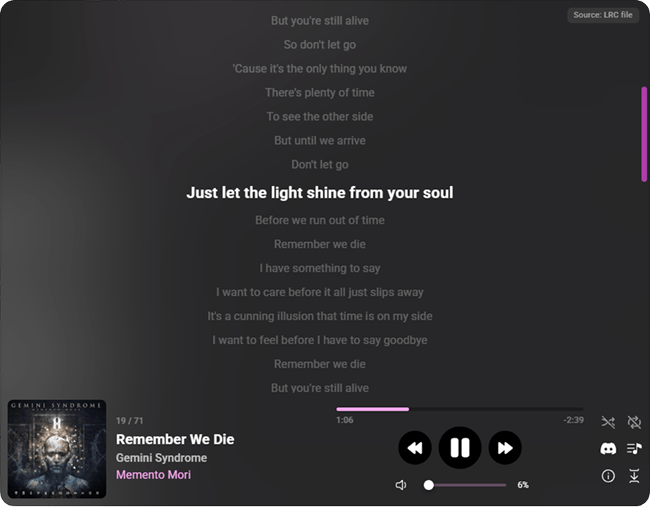 XeroTunes lyrics view scrolling synced lyrics from an LRC file while playing Remember We Die by Gemini Syndrome