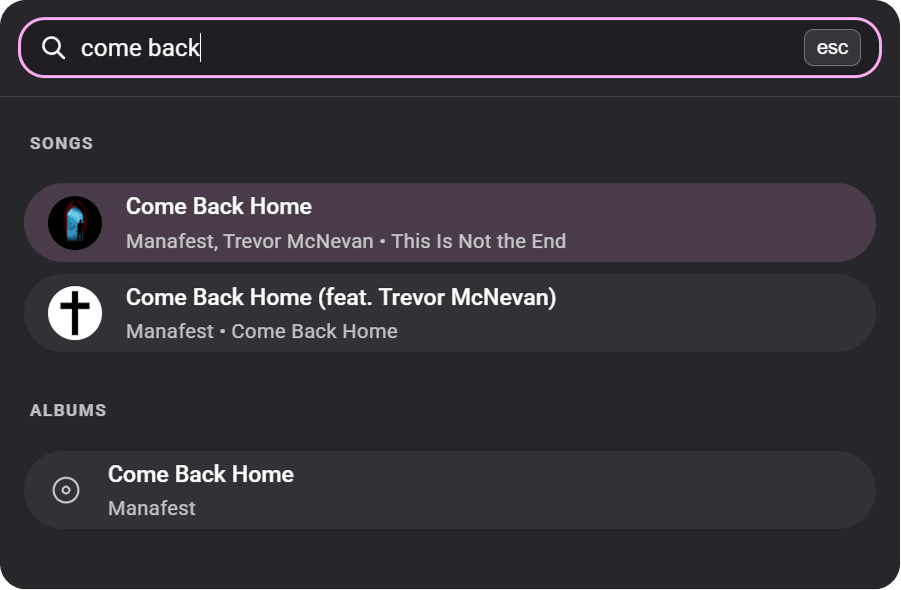 XeroTunes search filtering the library to tracks and albums matching 'come back'